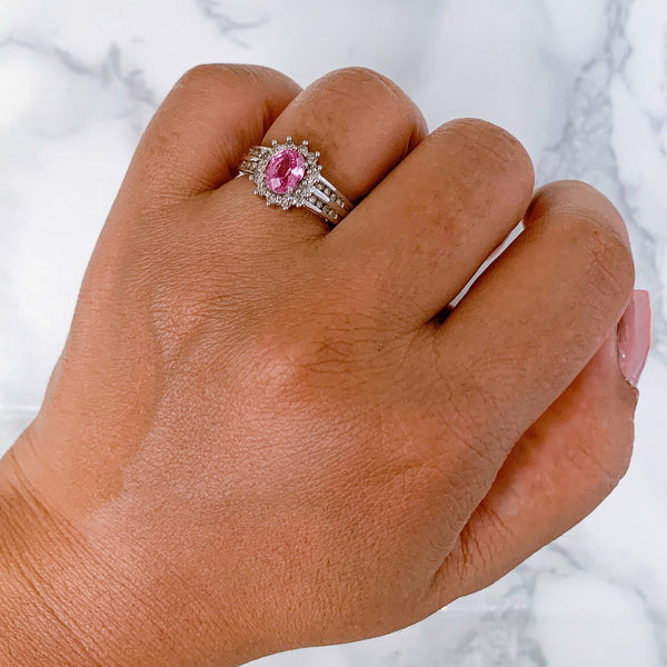1.40ct Oval Pink Sapphire Ring with Diamond Halo in 14K White Gold
