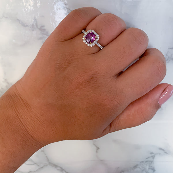 1.60ct Cushion Pink Sapphire Ring with Diamond Halo in 18K White Gold