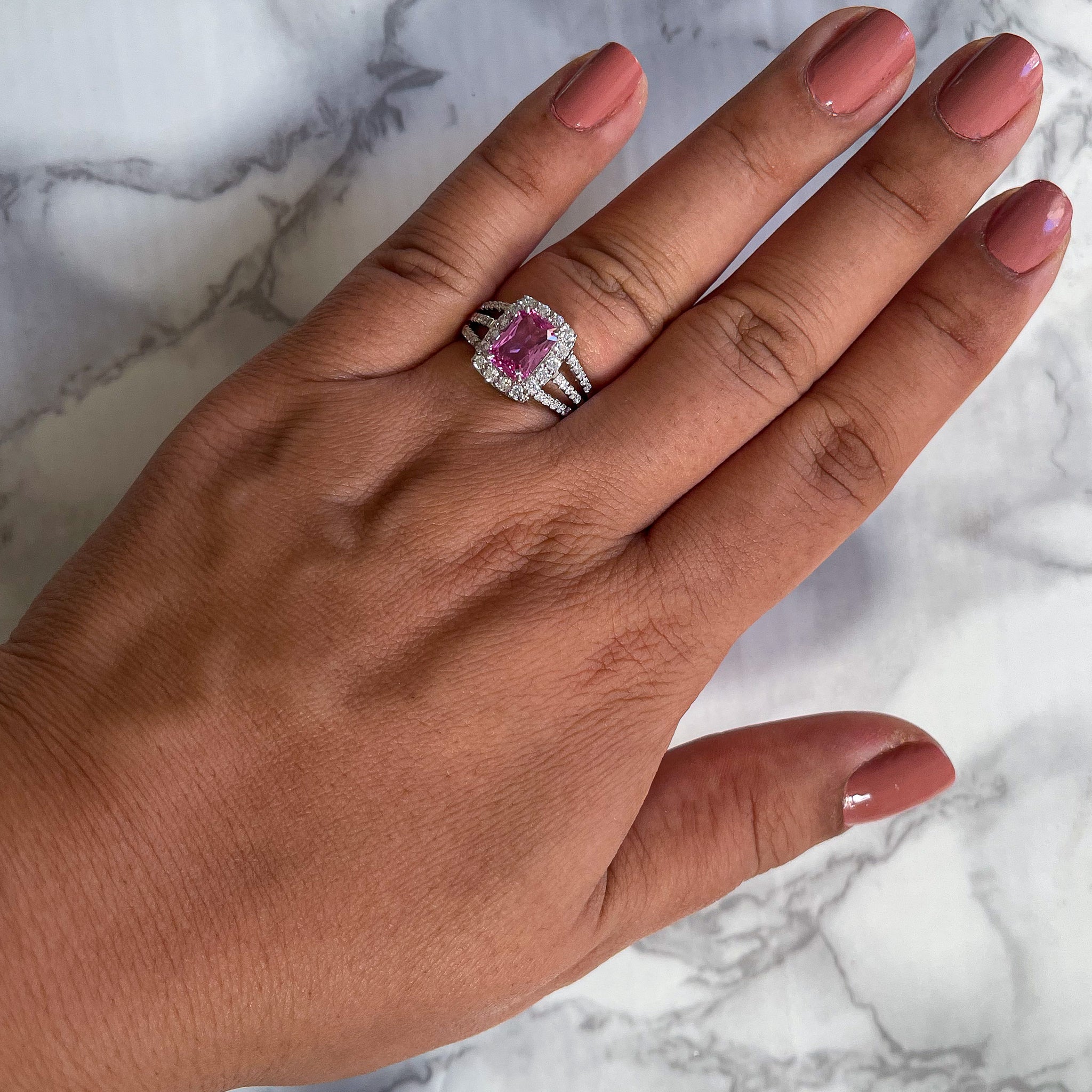 Emerald Cut Pink Sapphire Ring with Diamond halo in 18K White Gold
