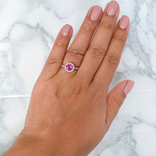 Load image into Gallery viewer, 1.03ct Round Pink Sapphire Ring with Diamond Halo in 18K White Gold
