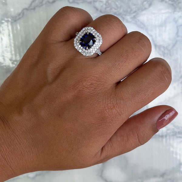 3.31ct. Cushion GIA Certified Blue Sapphire Ring with Double Diamond Halo in 18K White Gold