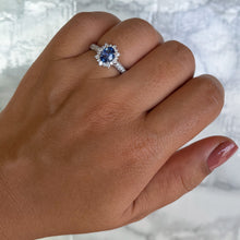 Load image into Gallery viewer, 0.85ct. Oval Blue Sapphire Ring with Diamond Halo in 18K White Gold
