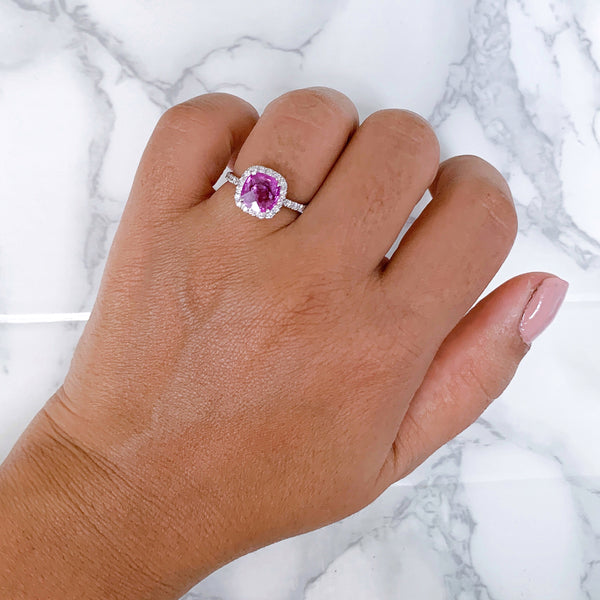 1.72ct Cushion Pink Sapphire Ring with Diamond Halo  in 18K White Gold