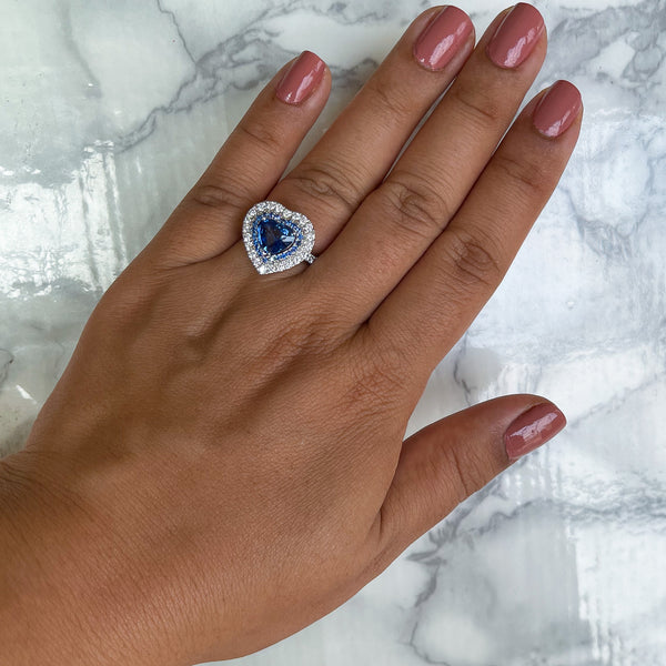 2.07ct Heart Shape Blue Sapphire Ring with Sapphire and Diamond Halo in 18K White Gold