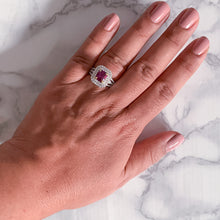 Load image into Gallery viewer, 2.00ct Cushion Ruby Ring with Double Diamond Halo in 18K White Gold
